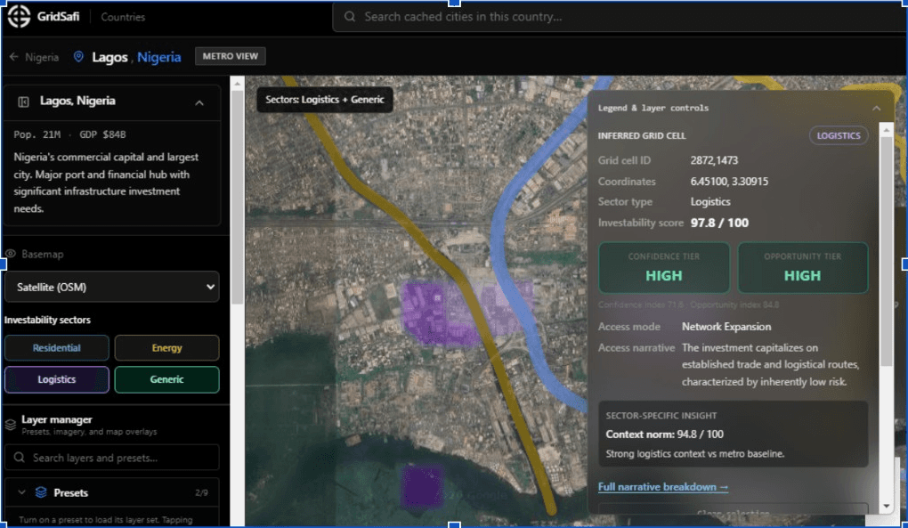 GridSafi Lagos metro view: logistics sector investability scoring and layer controls